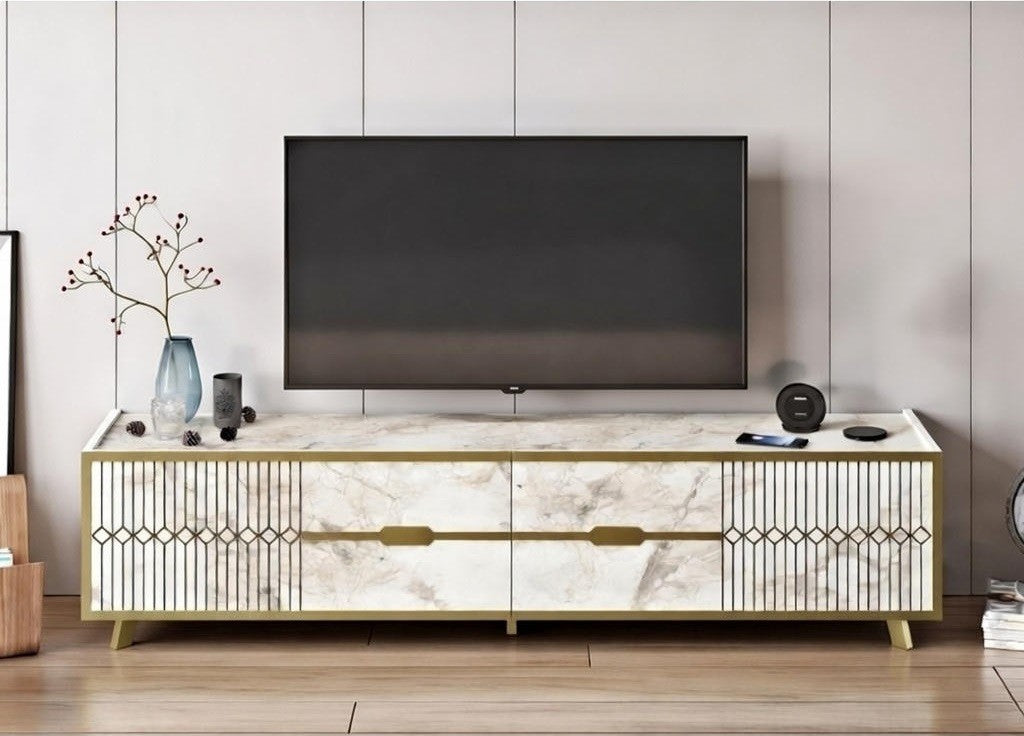 Mueble de TV ELOISE, biIaminado mármol blanco con detalles dorados, 180 cms.