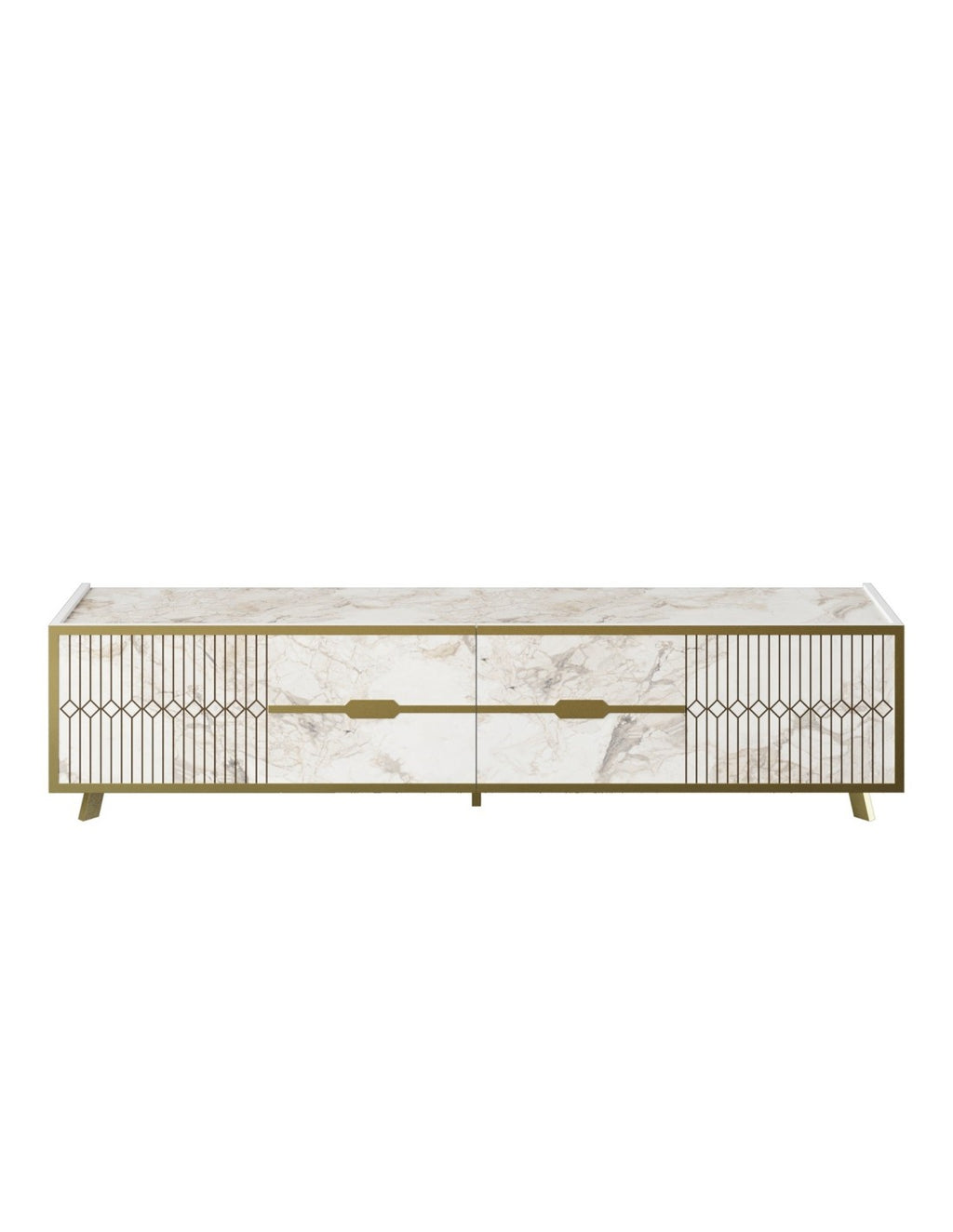 Mueble de TV ELOISE, biIaminado mármol blanco con detalles dorados, 180 cms.