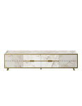 Mueble de TV ELOISE, biIaminado mármol blanco con detalles dorados, 180 cms.