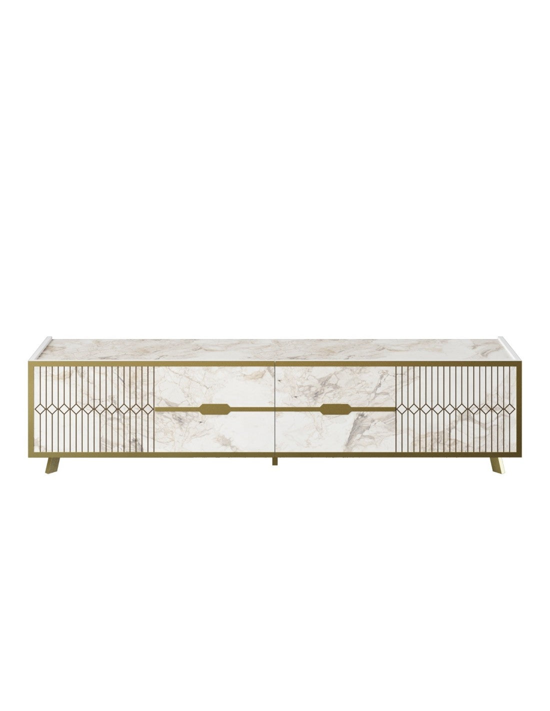 Mueble de TV ELOISE, biIaminado mármol blanco con detalles dorados, 180 cms.