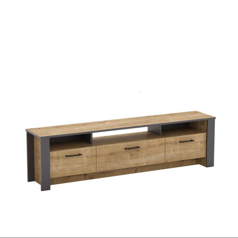 Mueble para televisión de 180 cm con 3 puertas y acabado en madera de roble e industrial gris, fabricado con materiales ecológicos de alta resistencia.