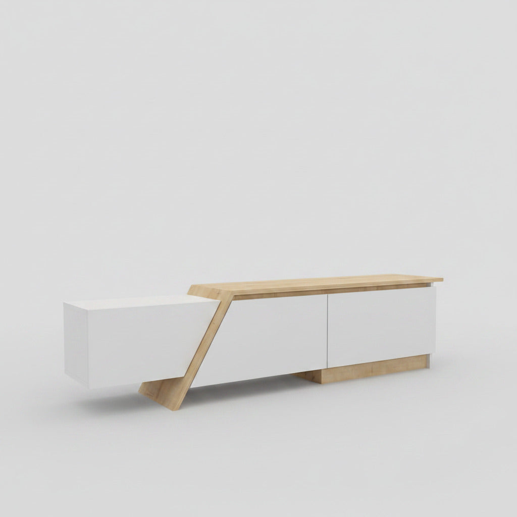 Mueble de TV PRUDENCE, biIaminado blanco con roble, 180 cms.