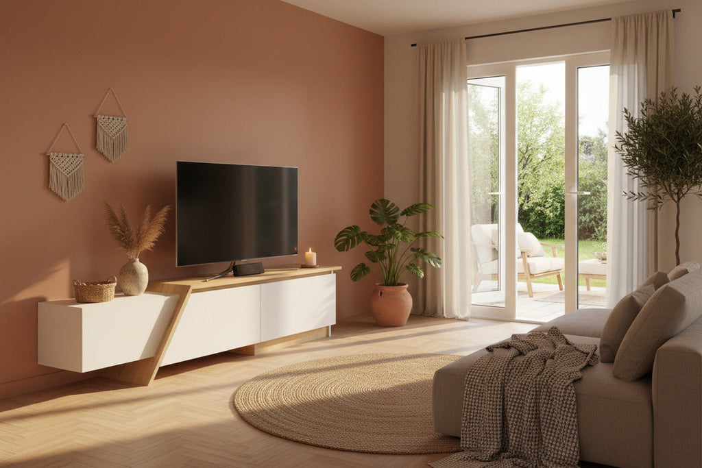Mueble de TV PRUDENCE, biIaminado blanco con roble, 180 cms.