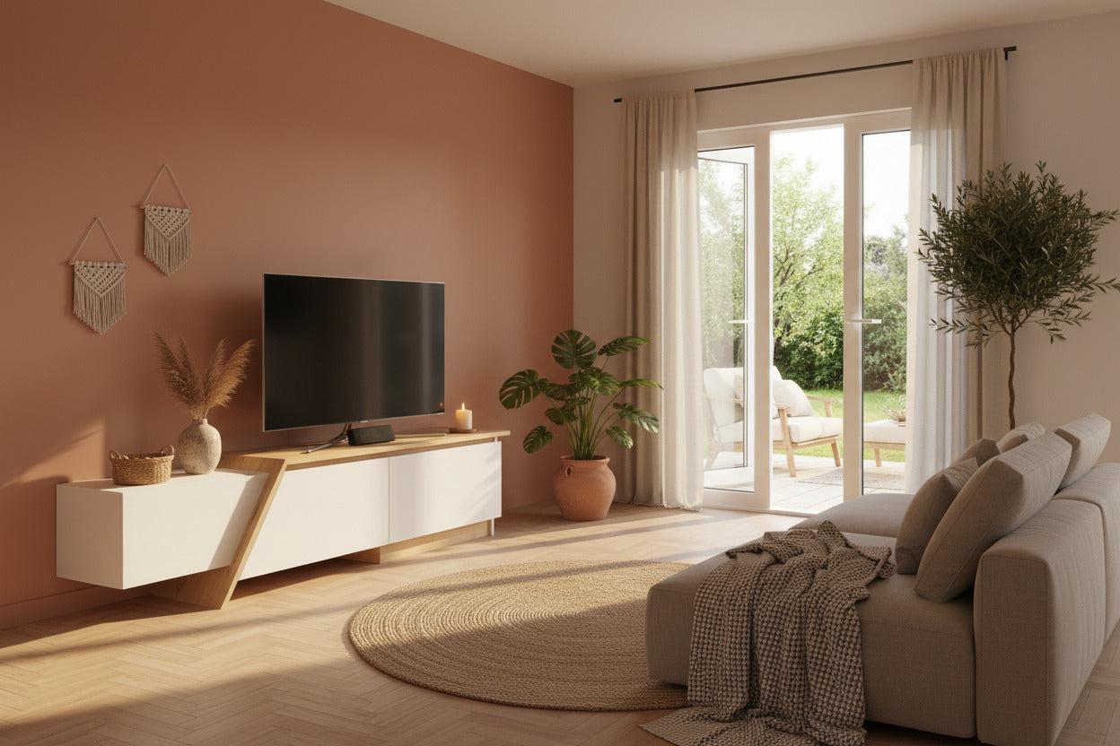 Mueble de TV PRUDENCE, biIaminado blanco con roble, 180 cms.