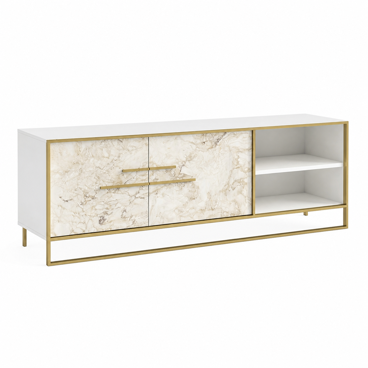 Mueble de TV Siena en blanco y mármol con detalles dorados, mobiliario de diseño para salones en Villamartín y Orihuela Costa - Muebles Mercatoro.