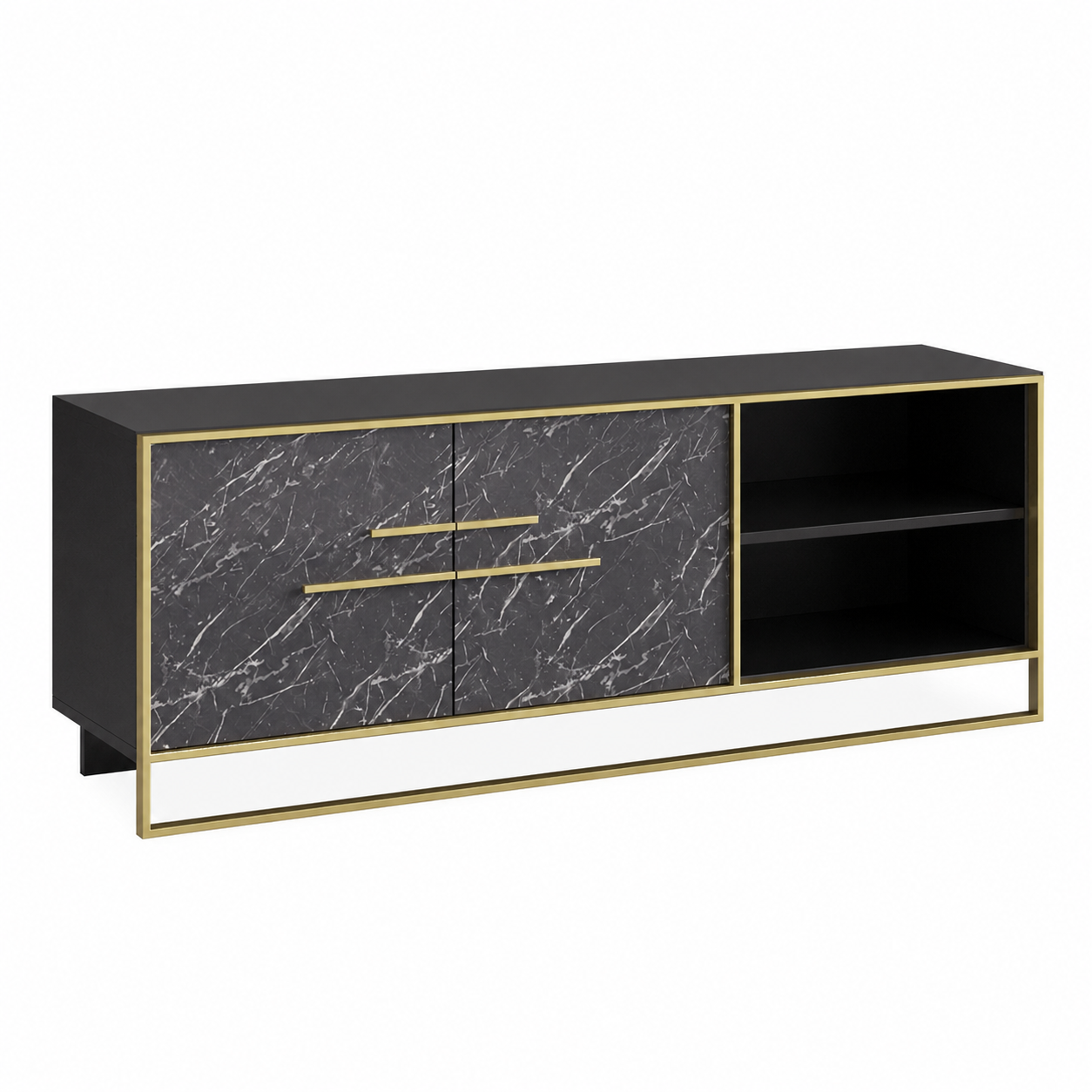 Mesa para televisión de 160 cm con puertas efecto mármol negro y patas de metal dorado, fabricado en madera sostenible FSC de alta resistencia.