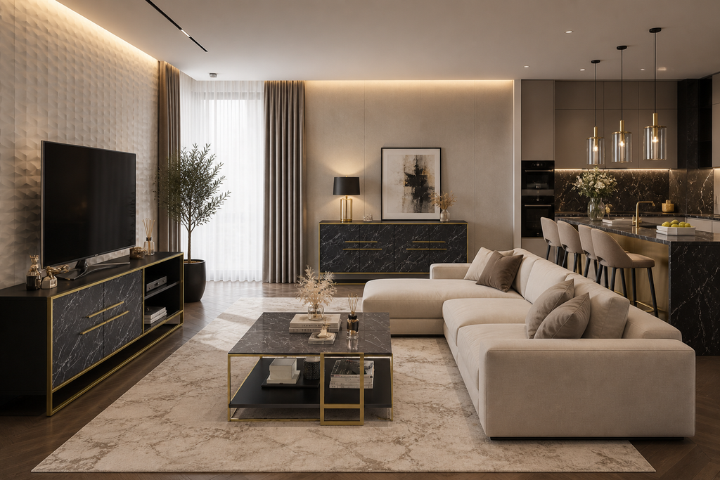 Mueble de TV SIENA / mármol negro / metal dorado