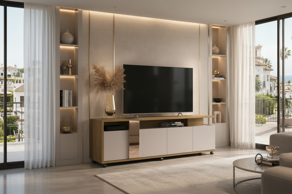 Mueble multiusos de diseño con 4 puertas abatibles en acabado miel y cacao resistente a rasguños en la Costa Blanca