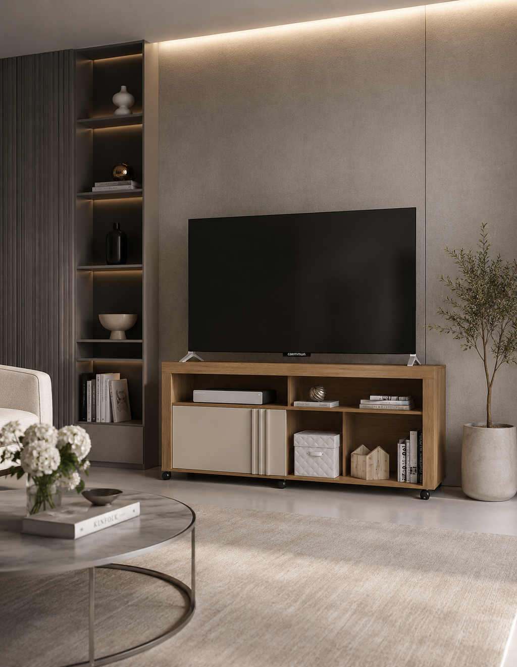Aparador multiusos de diseño moderno con huecos para electrónica y acabado madera natural en Alicante