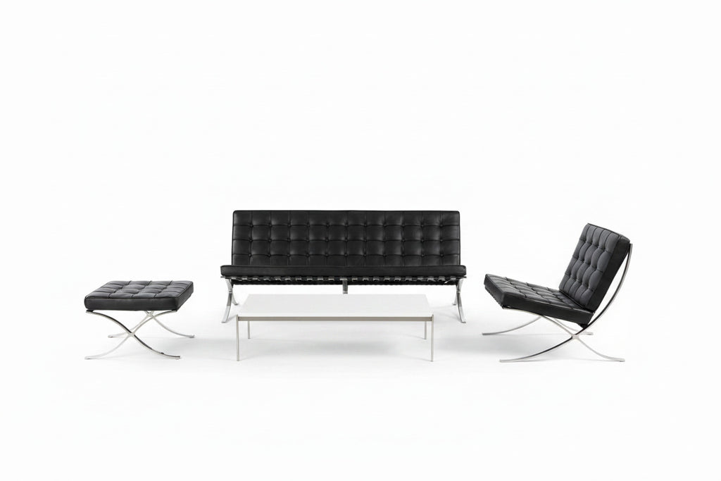 Ottoman diseño moderno BARNA en piel top negro con patas de pletina acero inoxidable terminación brillo - Mercatoro Costa Blanca