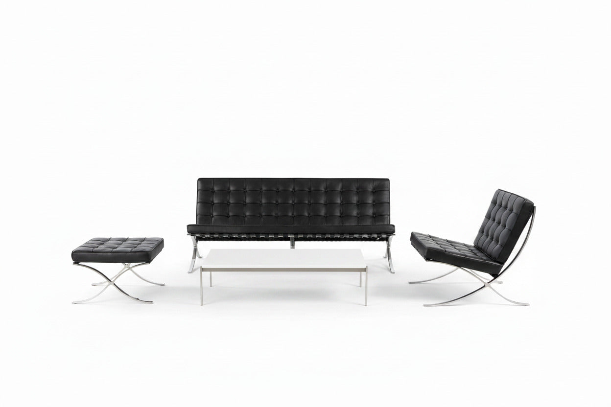 Ottoman diseño moderno BARNA en piel top negro con patas de pletina acero inoxidable terminación brillo - Mercatoro Costa Blanca