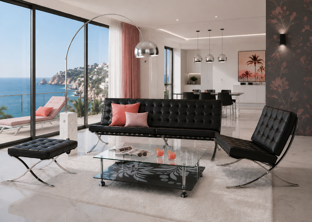 Ottoman BARNA piel top negra, interior espuma alta densidad y estructura K/D acero inoxidable - muebles de diseño Murcia y Alicante