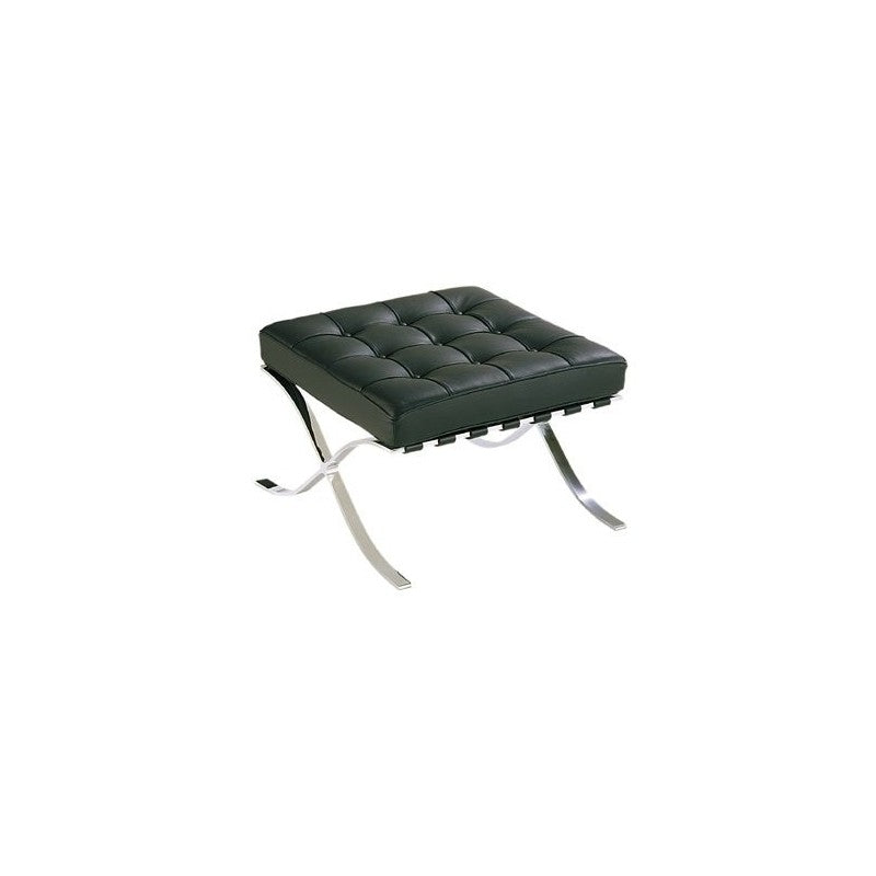 Ottoman multiusos en similpiel negra con estructura de acero inoxidable brillante — reposapiés. Compacto, elegante y de carácter urbano. Disponible en otros colores bajo pedido.