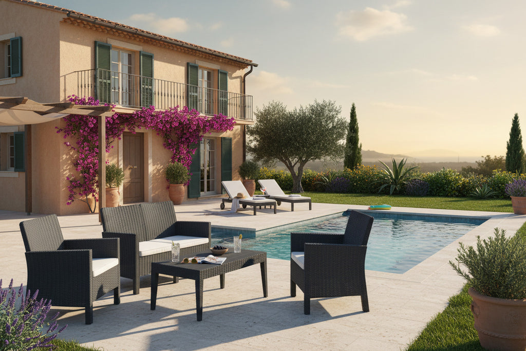 Set ADRIÁTICO, 2 Sillones + Sofá 2 plazas + mesa, polipropileno antracita, cojines incluidos