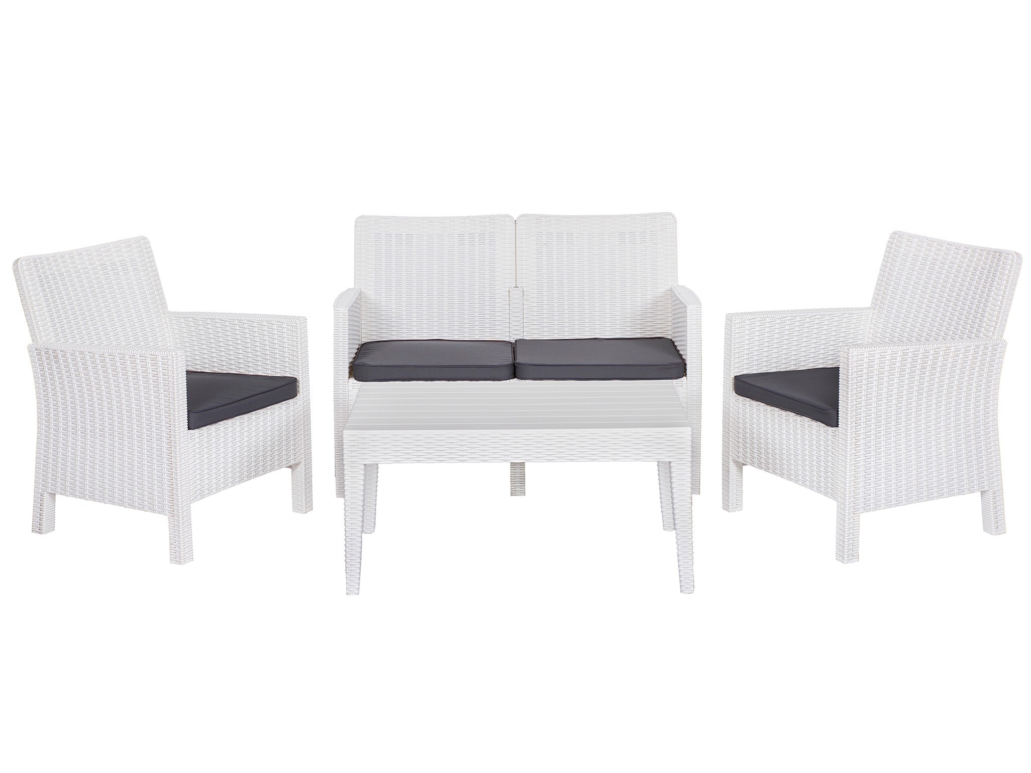 Conjunto de jardín blanco con sofá de dos plazas, dos sillones con cojines gris antracita y mesa baja. Diseño de polipropileno efecto ratán para exterior en La Mata