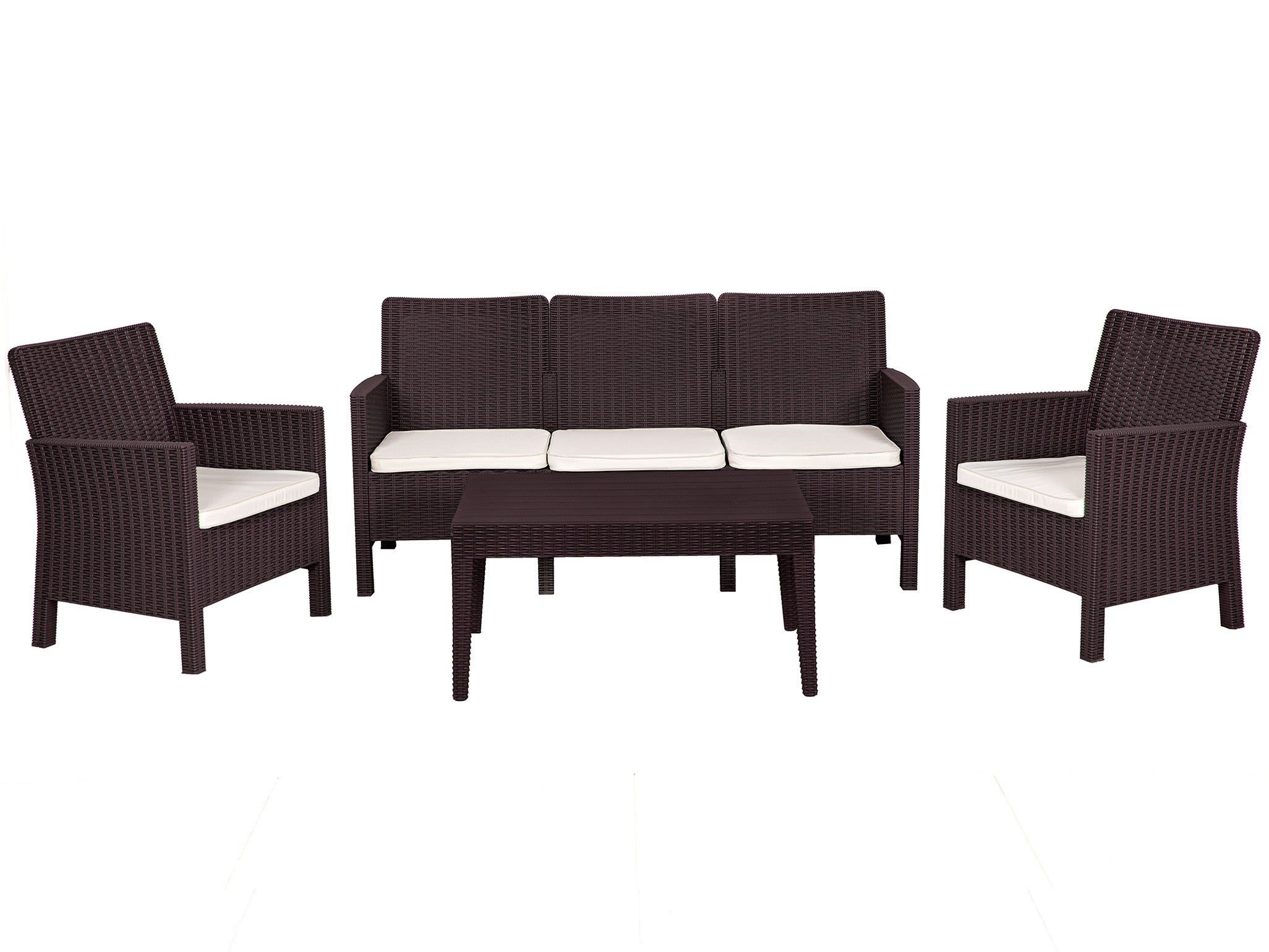 Set ADRIÁTICO, 2 Sillones + Sofá 3 plazas + mesa, polipropileno chocolate, cojines incluidos