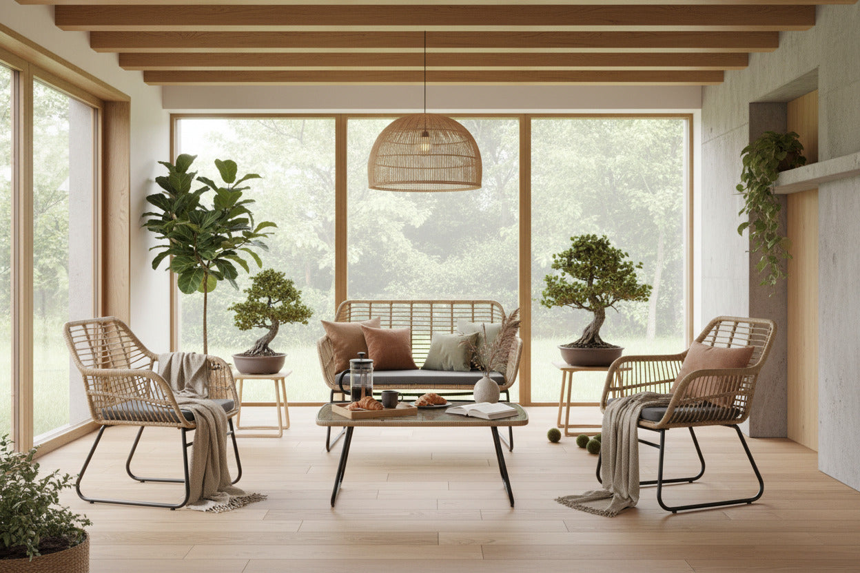 Conjunto de terraza modular en Alicante: muebles de ratán beige para jardín. Set ampliable con sillones y sofás individuales, ideal para hostelería y hogares en la Costa Blanca