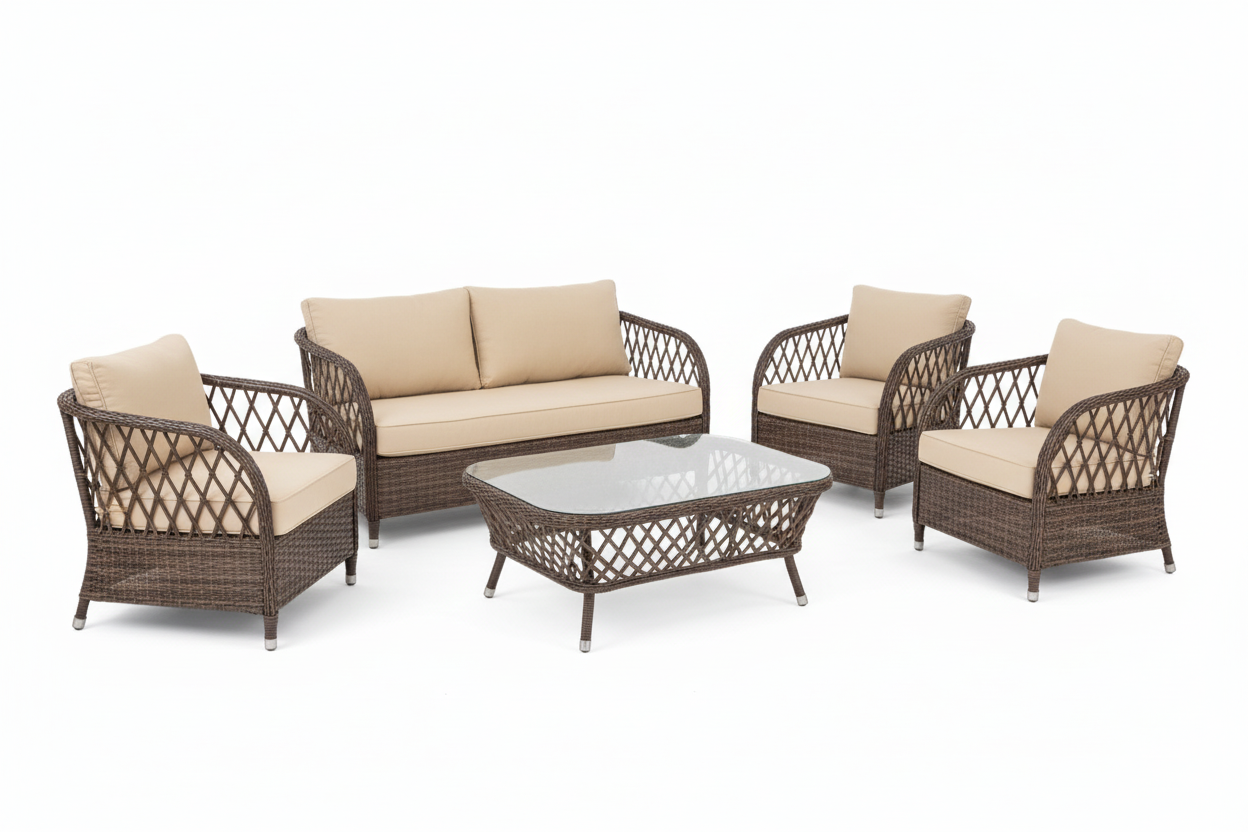 Conjunto de muebles de jardín color chocolate con diseño de ratán, incluyendo sofá de dos plazas, sillones y mesa baja, ideal para terrazas en la Costa Blanca