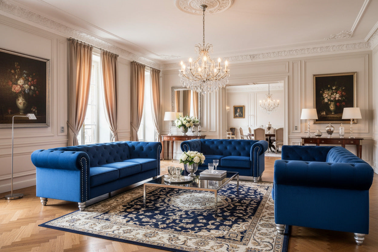 Set de sofás de diseño 3 y 2 plazas en terciopelo azul, muebles de lujo para salones modernos en Orihuela Costa