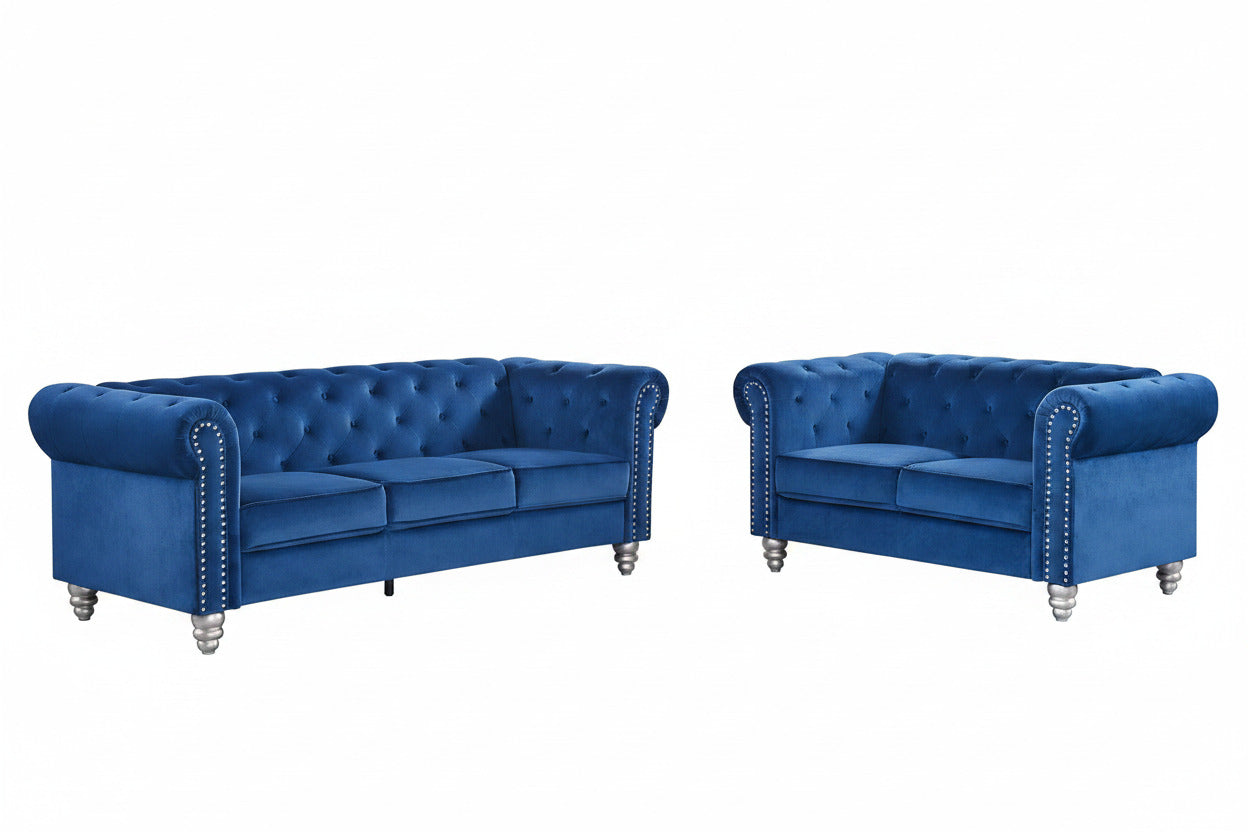 Set de sofás de diseño 3 y 2 plazas en terciopelo azul, muebles de lujo para salones modernos en Villamartín