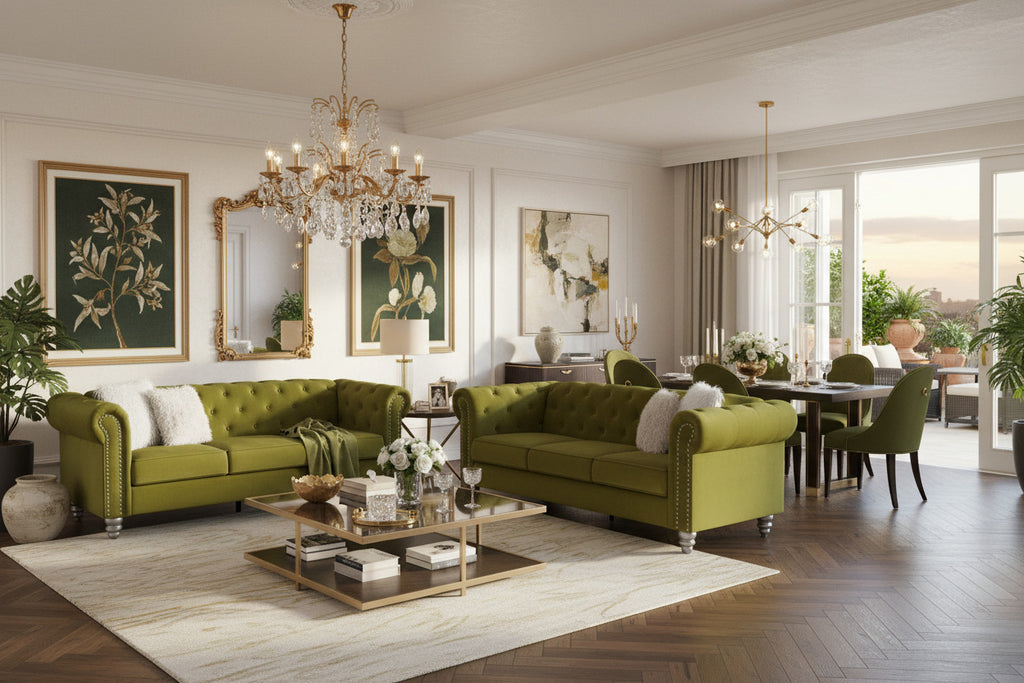 Set de sofás de diseño 3 y 2 plazas tapizados en terciopelo verde 38, muebles de lujo para salones exclusivos en Orihuela Costa