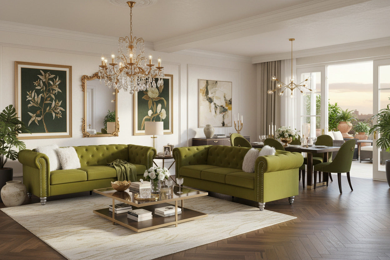 Set de sofás de diseño 3 y 2 plazas tapizados en terciopelo verde 38, muebles de lujo para salones exclusivos en Orihuela Costa
