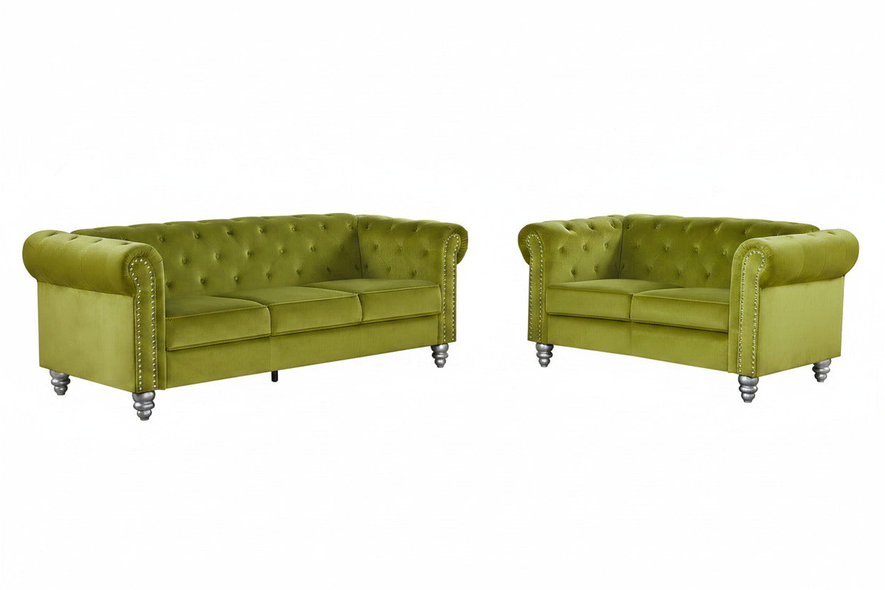 Set de sofás de diseño 3 y 2 plazas tapizados en terciopelo verde 38, muebles de lujo para salones exclusivos en Cabo Roig