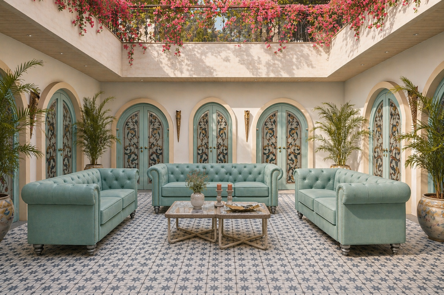 Salón elegante y moderno amueblado con un set de sofás velvet en tono verde agua, que aportan un toque mediterráneo, fresco y sofisticado con textura suave en Orihuela Costa