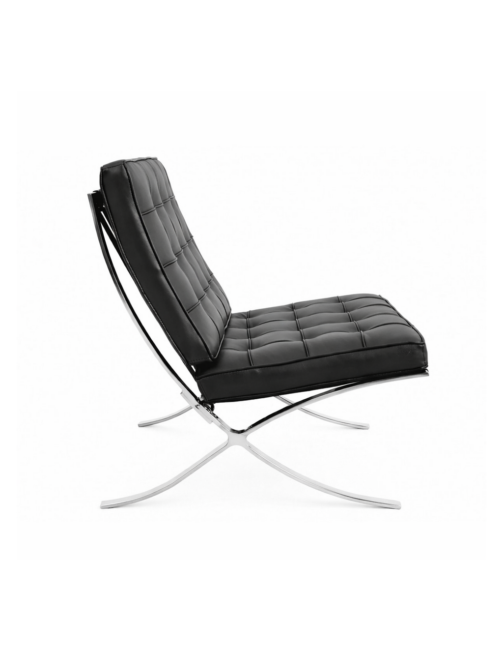 Silla de diseño BARNA tapizada en similpiel negra de acabado liso, con estructura K/D de pletina de acero inoxidable en terminación brillo. 