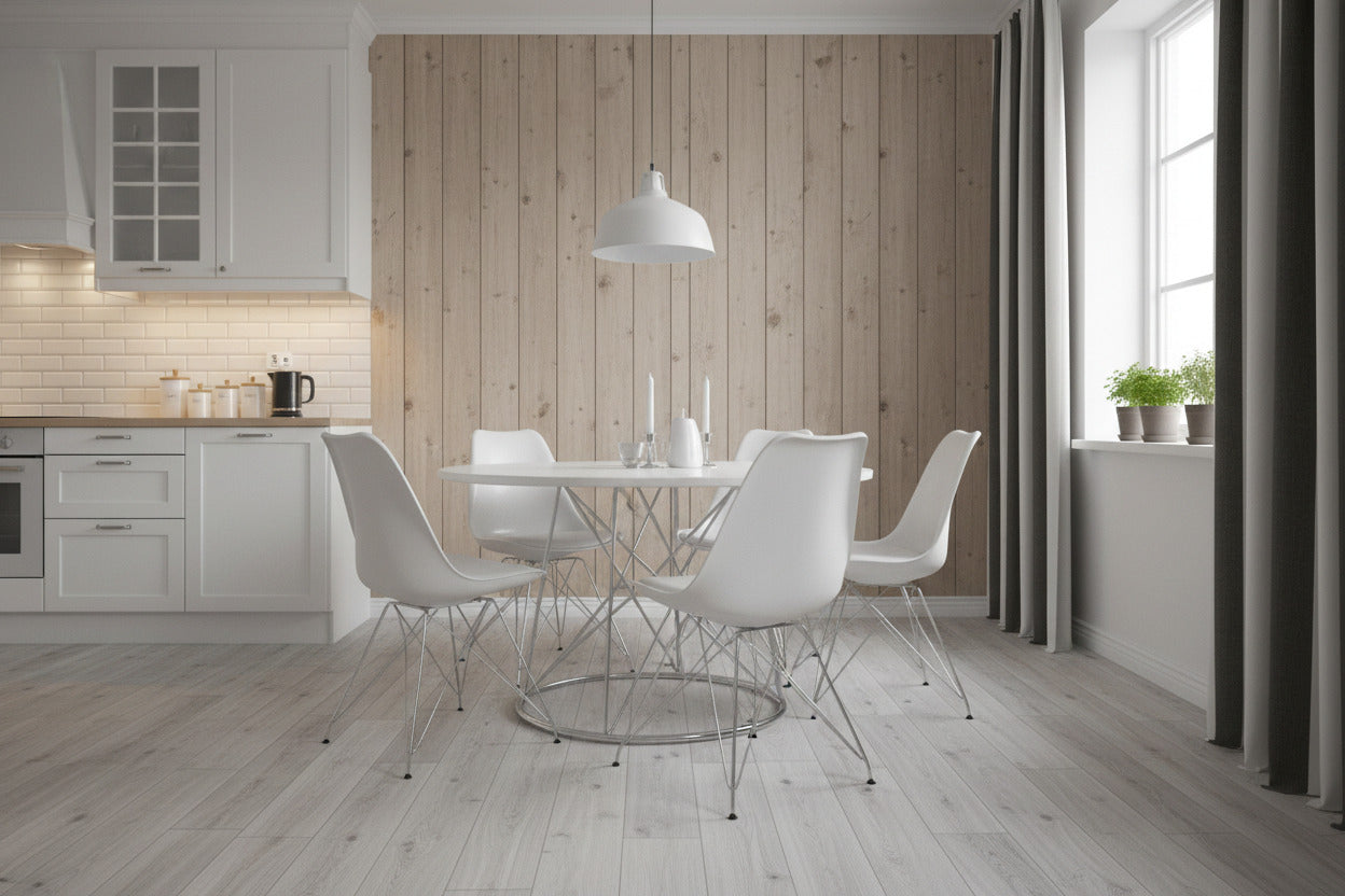 Silla de diseño Bella carcasa blanca cojín símil piel y base cromada entrelazada, silla comedor moderna Quesada