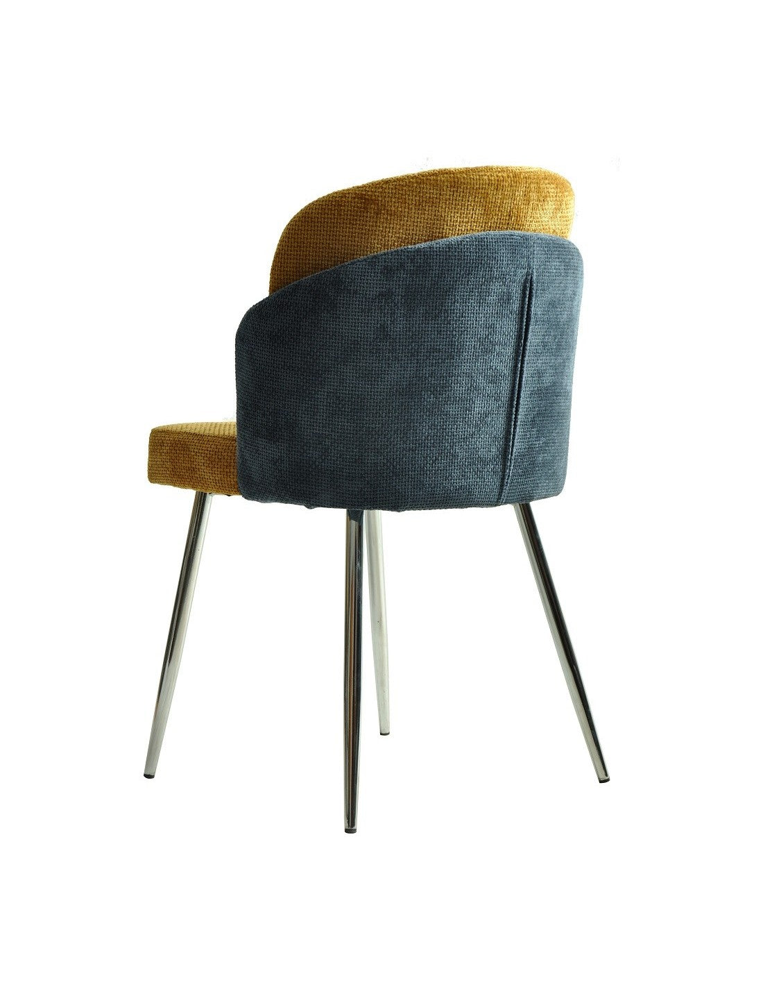 Silla de diseño DRESDE base cromada acero tapizado chenilla premium azul y amarillo