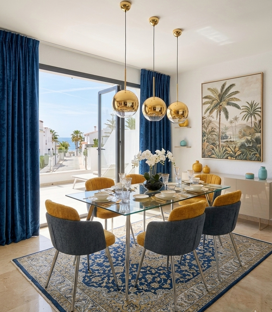 Silla de comedor tapizada en chenilla bicromática azul y amarillo con estructura cromada DRESDE