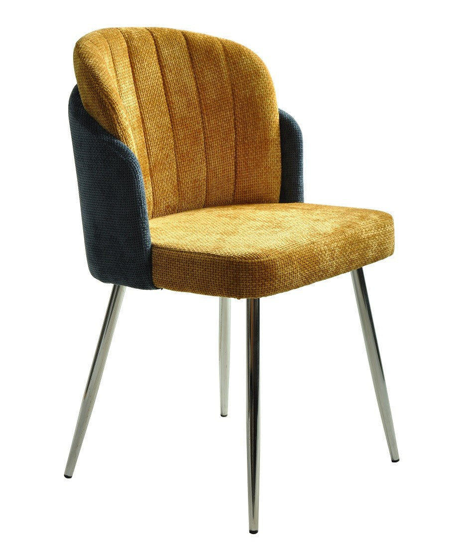 Silla moderna DRESDE con base tubular cromada y tapizado chenilla azul y amarillo