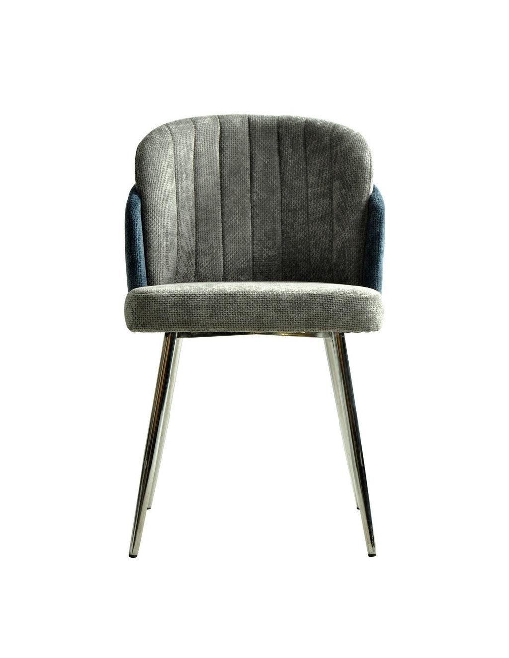 Vista frontal de la silla de diseño DRESDE con doble respaldo ergonómico bicromático en tejido chenilla azul y gris