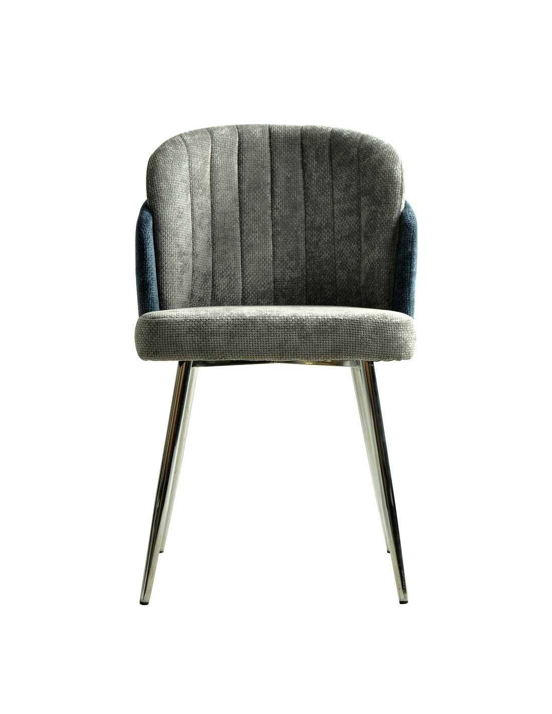 Vista frontal de la silla de diseño DRESDE con doble respaldo ergonómico bicromático en tejido chenilla azul y gris