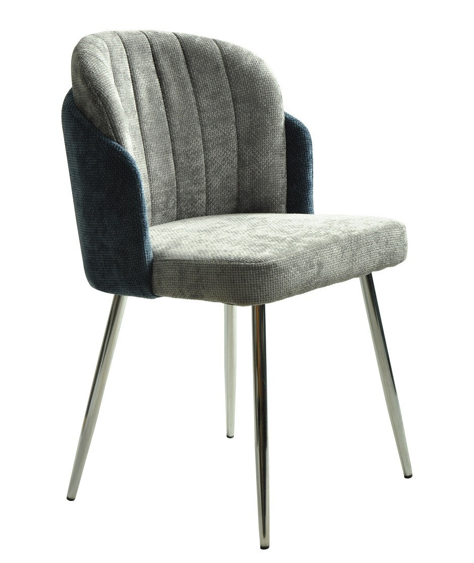 Silla moderna DRESDE con base tubular cromada y tapizado en chenilla premium gris claro y azul para comedor