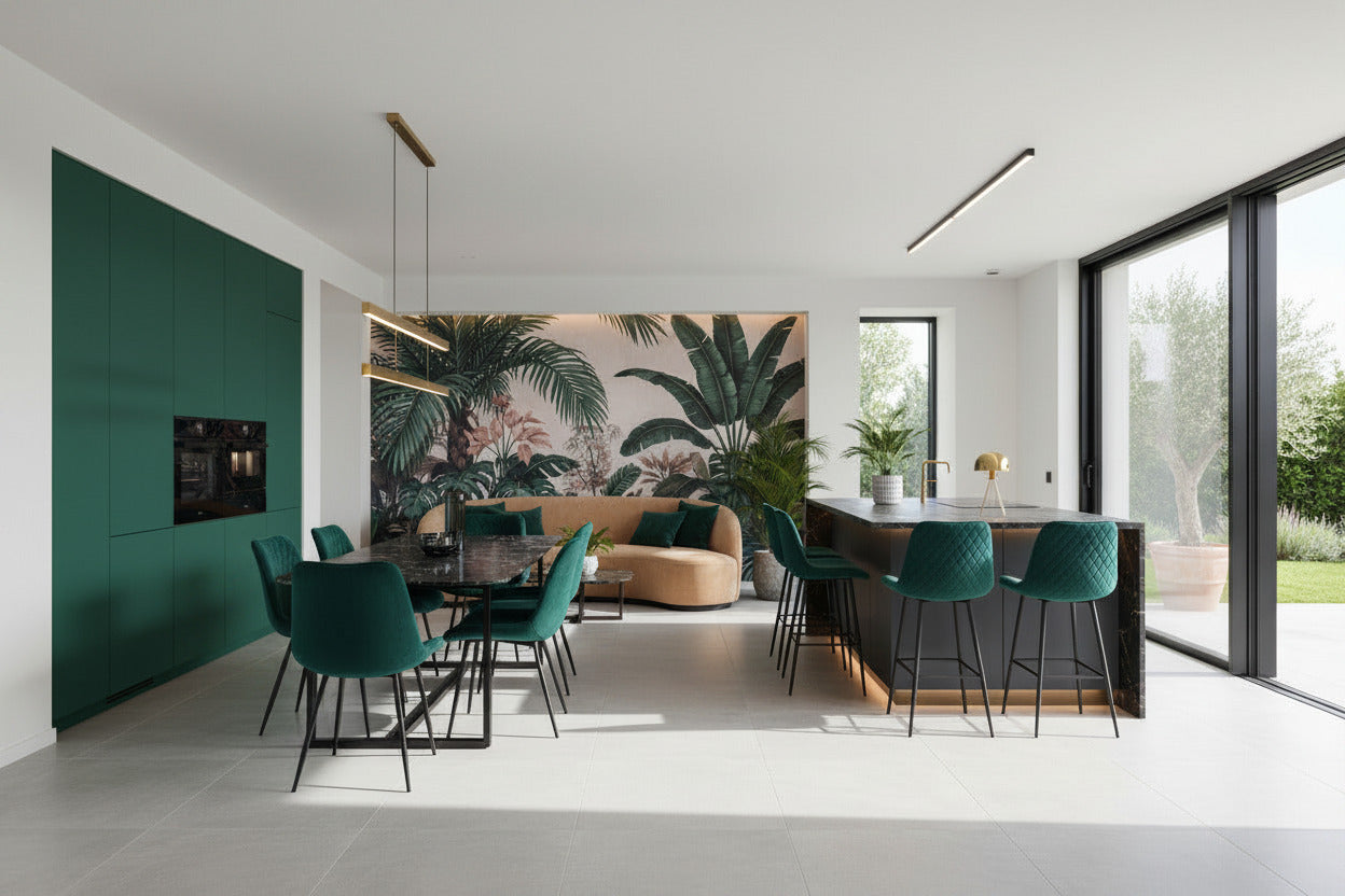 Silla de comedor Felicia tapizada en terciopelo verde oscuro con costuras de rombos y patas metálicas negras, silla moderna Villamartin