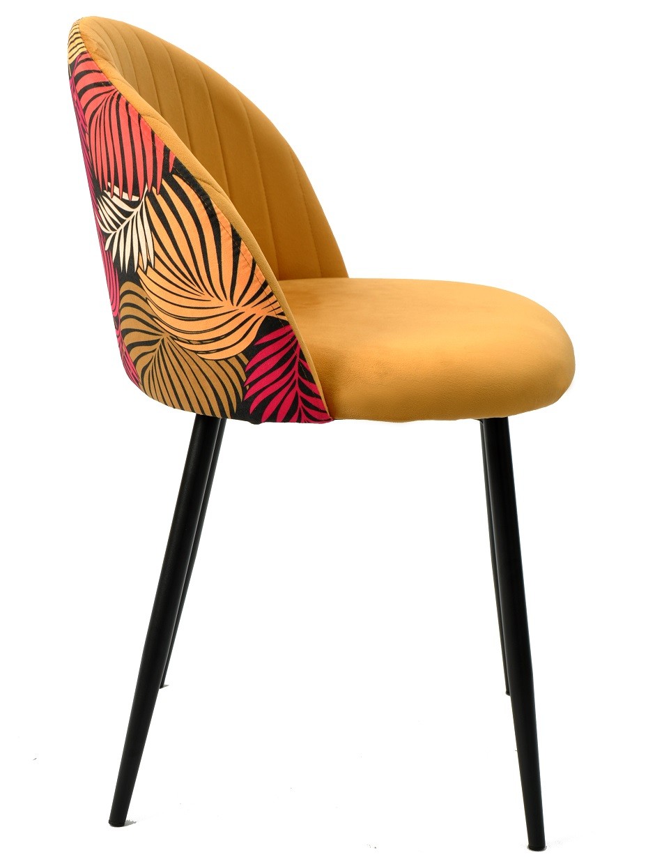 Silla FLORAL, metal, tapizado velvet amarillo con trasera floral a juego