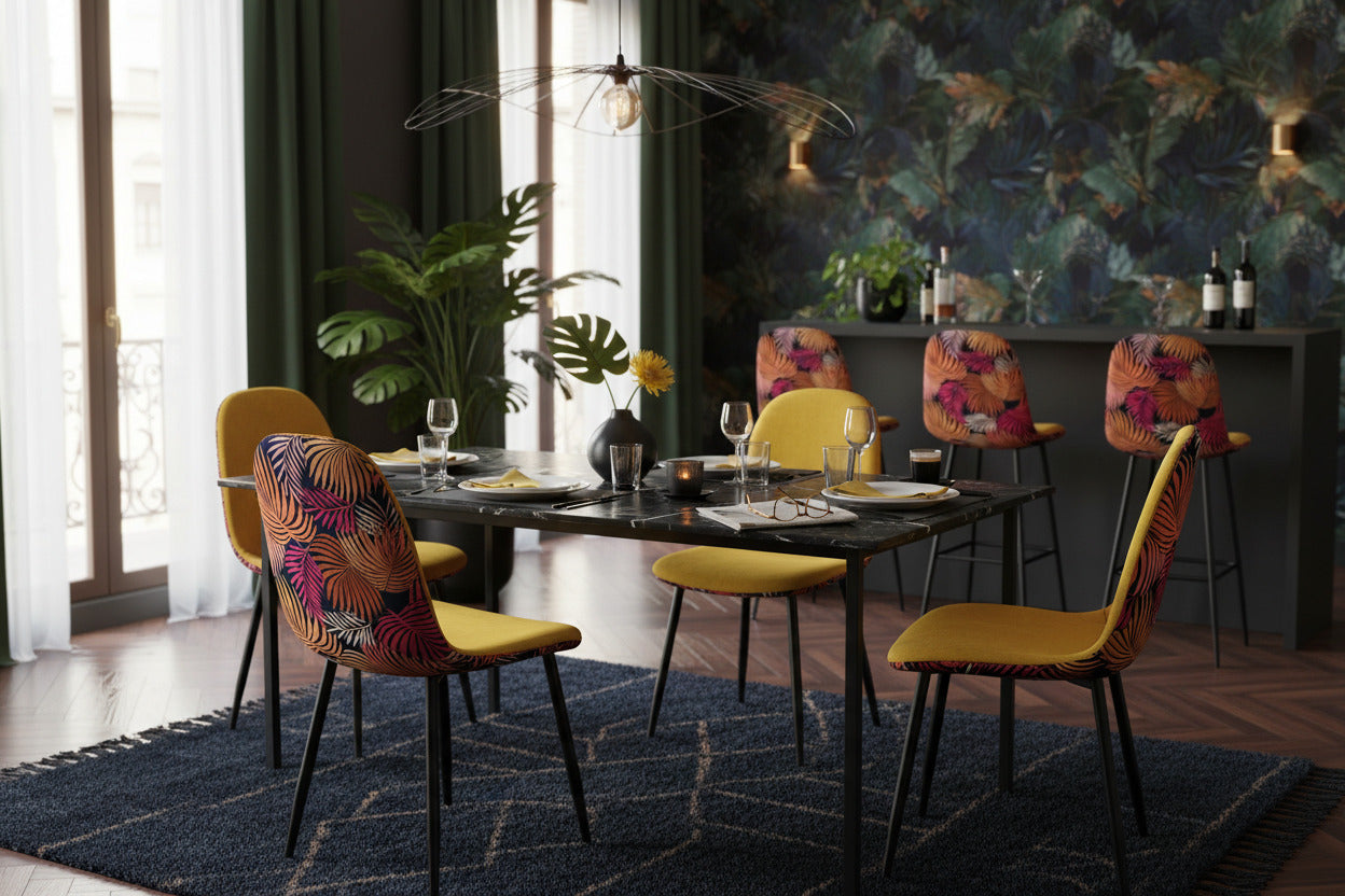 Silla HORUS NEW, metal, tapizado velvet amarillo con trasera floral a juego