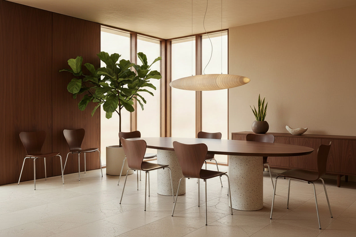 Silla ergonómica monoblock en madera de haya barnizada color nogal con estructura metálica cromada, diseño nórdico minimalista para interiores modernos