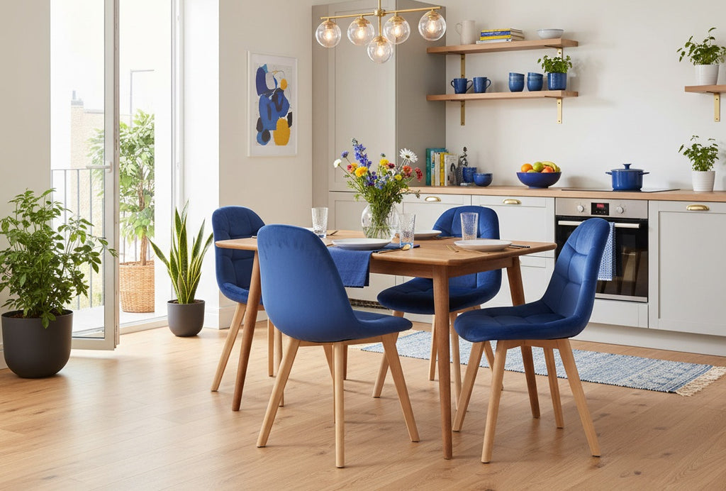Silla LORENA, madera, tapizada velvet azul