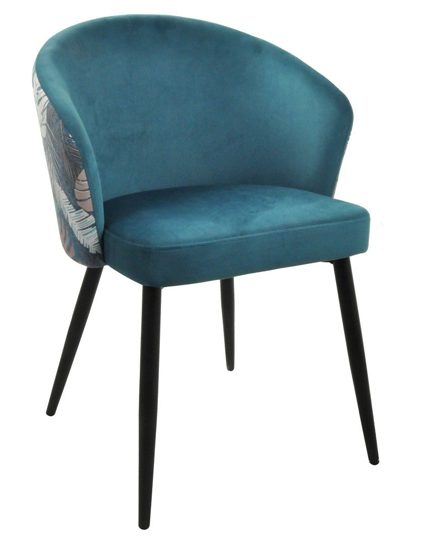 Silla LYDIA / tapizado velvet azul / respaldo floral a juego