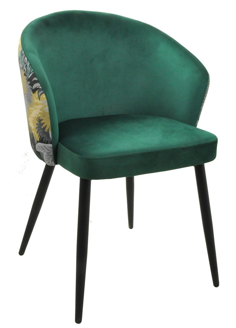 Silla LYDIA / tapizado velvet verde / respaldo floral a juego