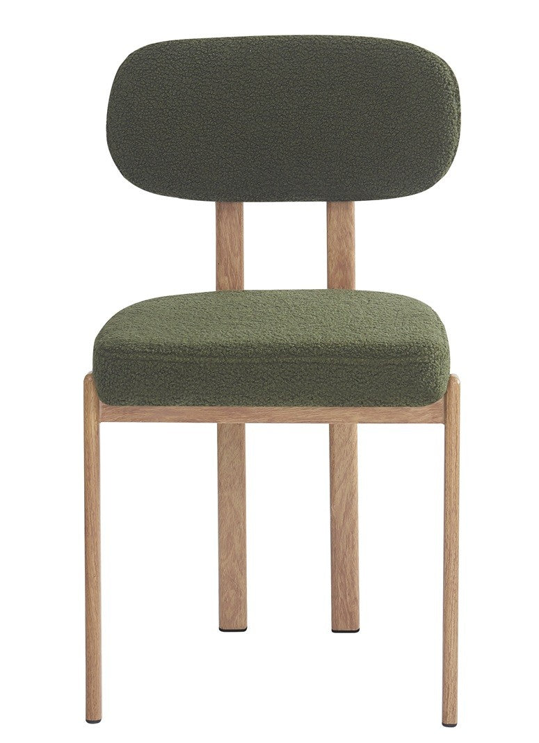 Silla MESINA / metal acabado de color madera / tejido bouclé verde oscuro