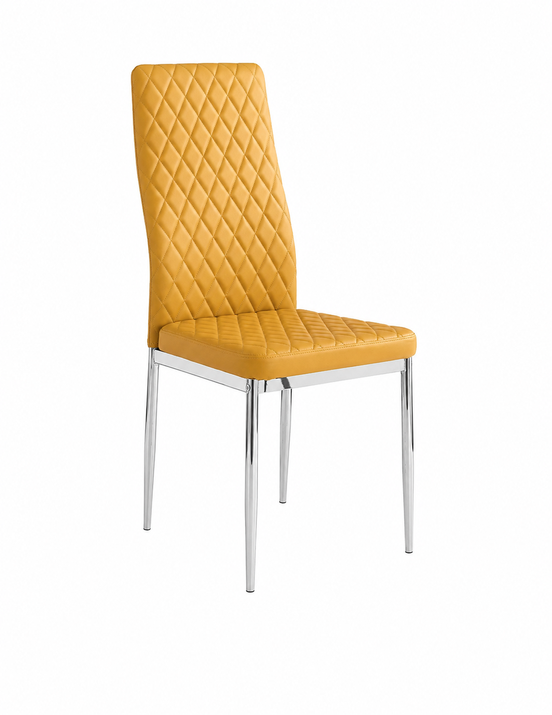 Silla de comedor de diseño en similpiel ocre con costuras de rombos y patas cromadas en La Mata