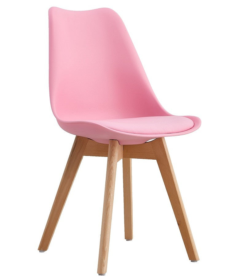 Silla de comedor rosa de diseño nórdico con patas de madera de haya y cojín acolchado