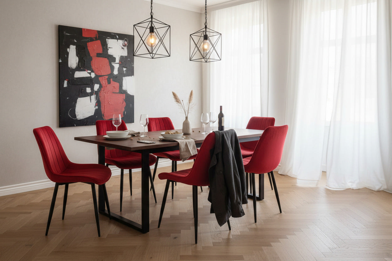 Silla de comedor tapizada en terciopelo rojo con patas de metal negro, 
costuras en canal verticales, estilo moderno minimalista, modelo Yucca
