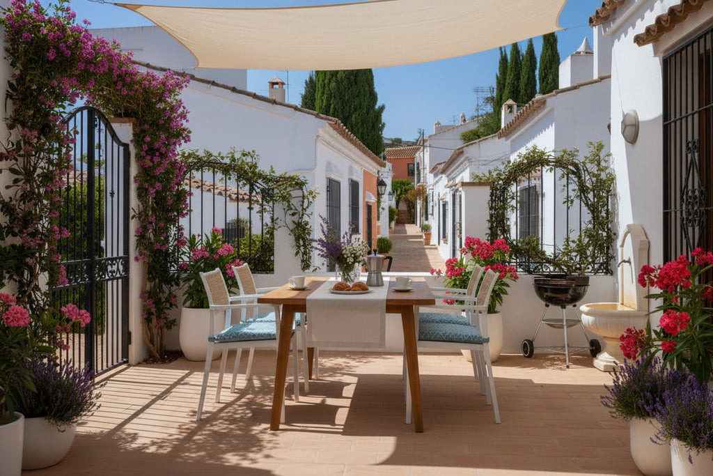 Sillón de polipropileno blanco y beige con respaldo de rejilla para terraza o jardín en Torrevieja Los Balcones