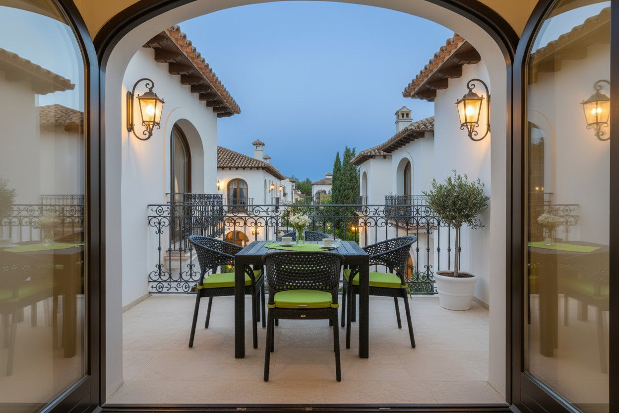 Sillón apilable antracita con textura de ratán y patas de acero para terrazas de lujo en Cabo Roig