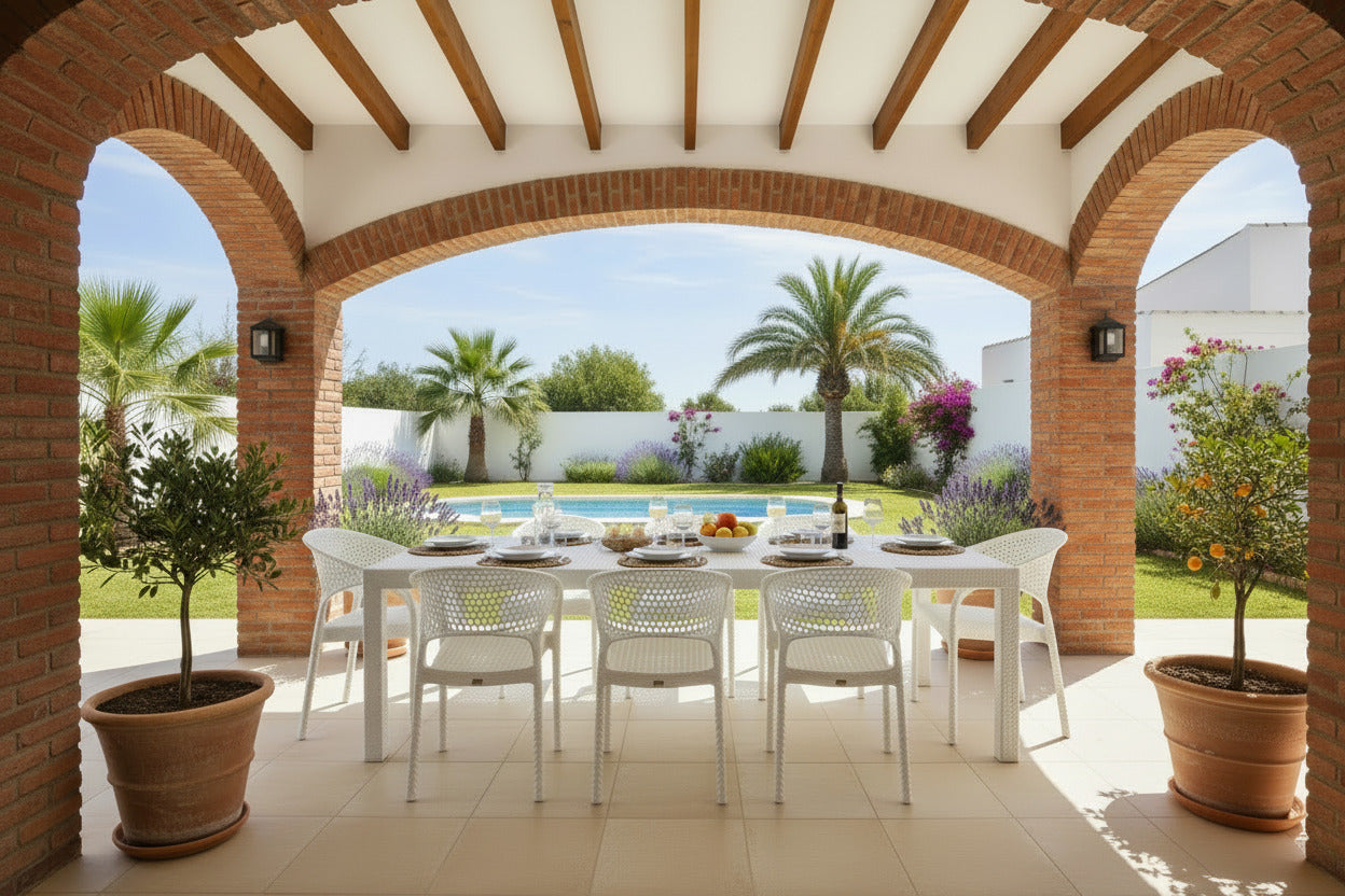 Mobiliario de polipropileno blanco resistente al sol y UV para hostelería y hogar en la Costa Blanca